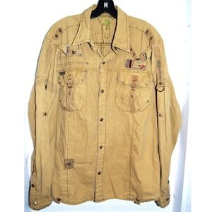 Fusai Men's Button-up shirt Large Military Y2K Tan Streetwear Grunge Cyber Goth